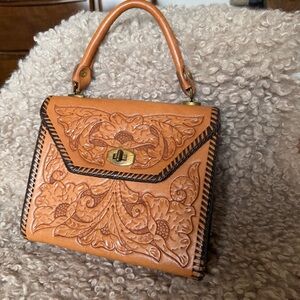 Tooled Tan Leather Handbag